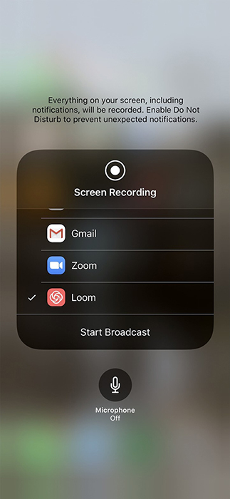 A screenshot of Loom screen recorder for iOS on an iPhone.